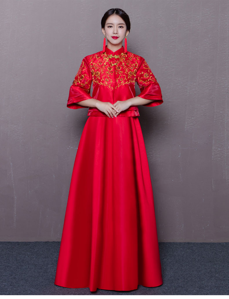 中式婚纱礼服红色旗袍长款