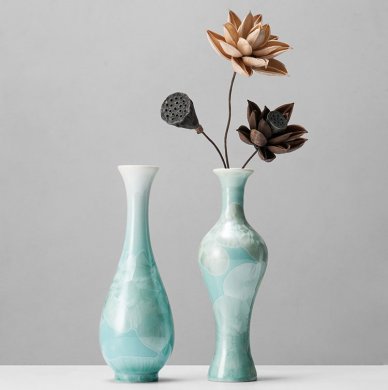 禅意中式插花艺术：新中式绿色结晶釉陶瓷插花