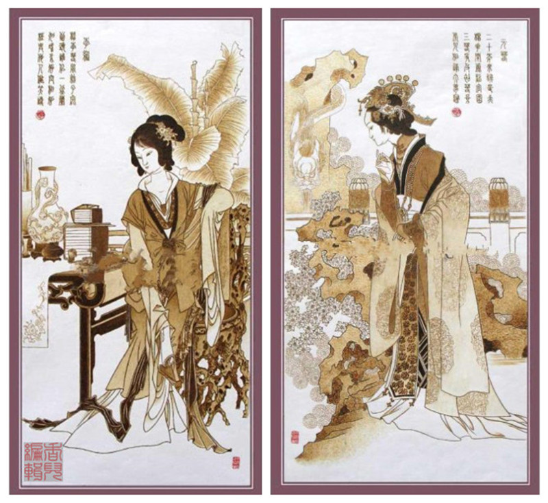 红楼梦金陵十二钗丝绢烙画作品