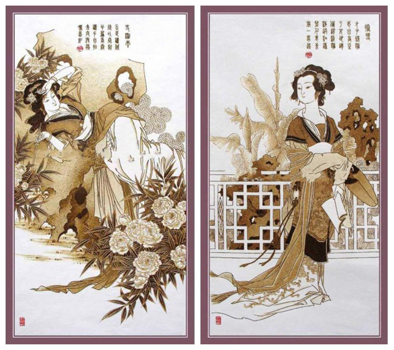 红楼梦金陵十二钗丝绢烙画作品