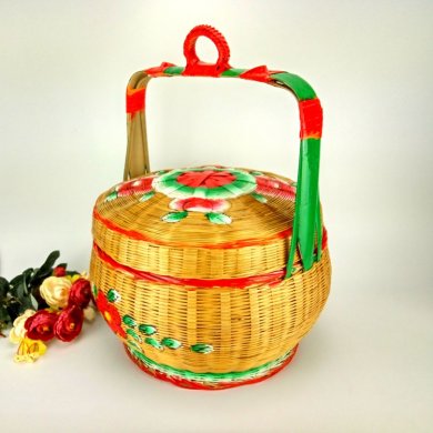 手工竹编竹篮，手绘彩绘礼品篮