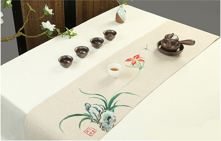 手绘茶席桌旗中式麻布禅意布艺茶垫
