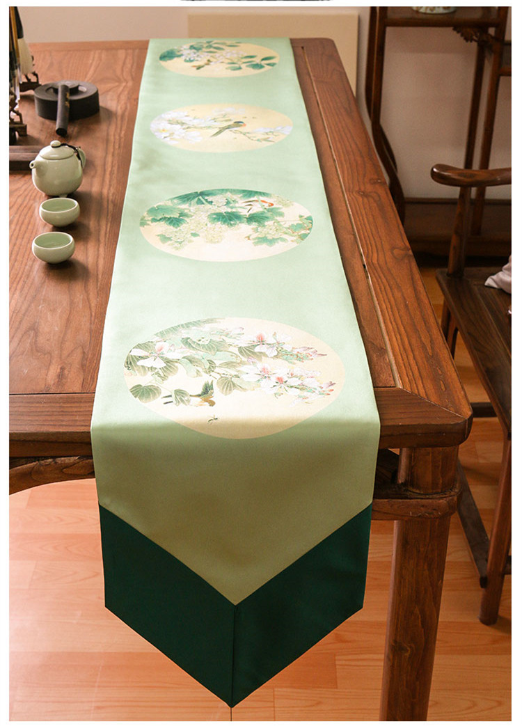 现代中式花鸟桌旗明清古典中国风缎面印花布艺