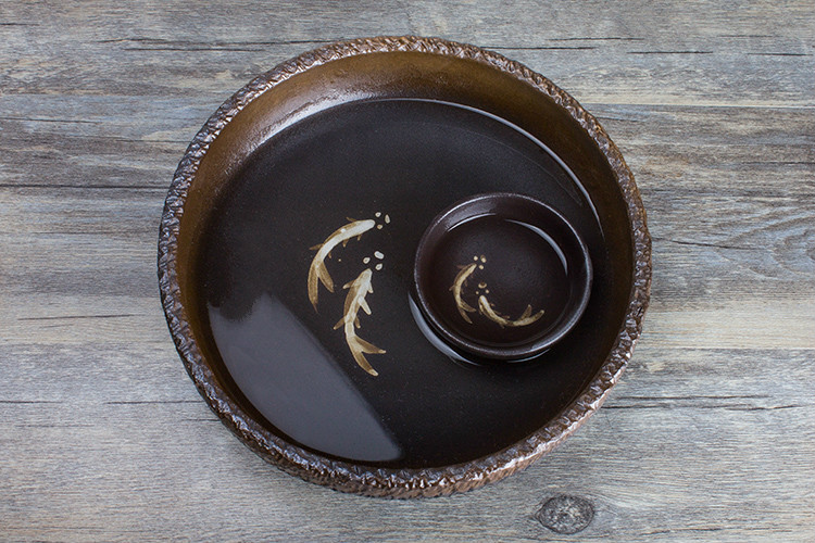 六款复古手工双鱼图案粗陶茶洗水盂
