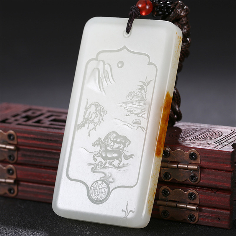 和田玉山水悠然自在挂件，白玉项链玉石。