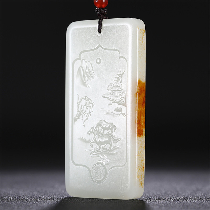 和田玉山水悠然自在挂件，白玉项链玉石。
