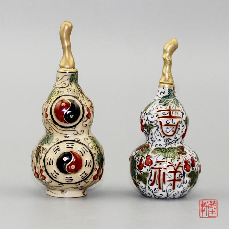 手工描金粉彩葫芦陶瓷鼻烟壶八卦葫芦工艺品