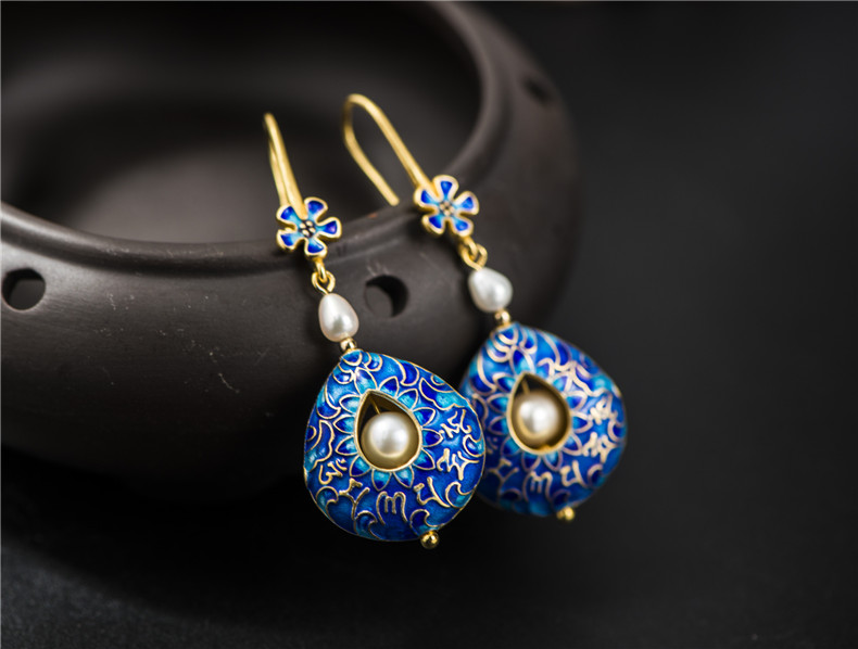 古典气质景泰蓝淡水珍珠耳环