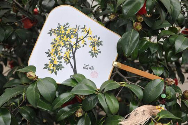 汉文化汉服配饰国画桂花绢面团扇