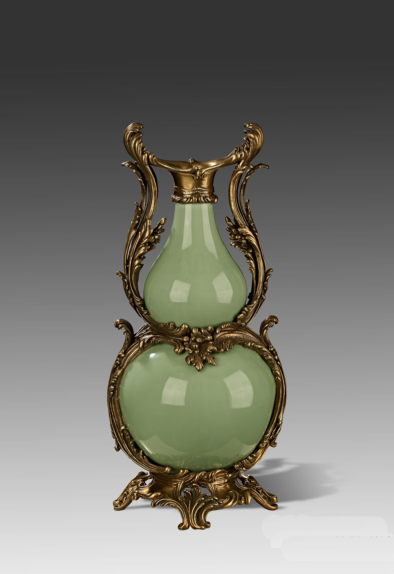 陶瓷配铜工艺品摆件铜镶瓷铜配瓷葫芦瓶