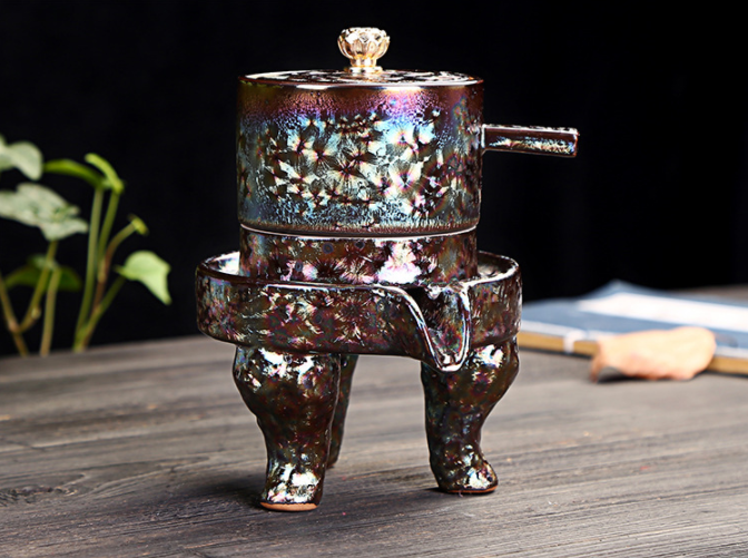 鎏金半自动茶具，中式石磨功夫茶具
