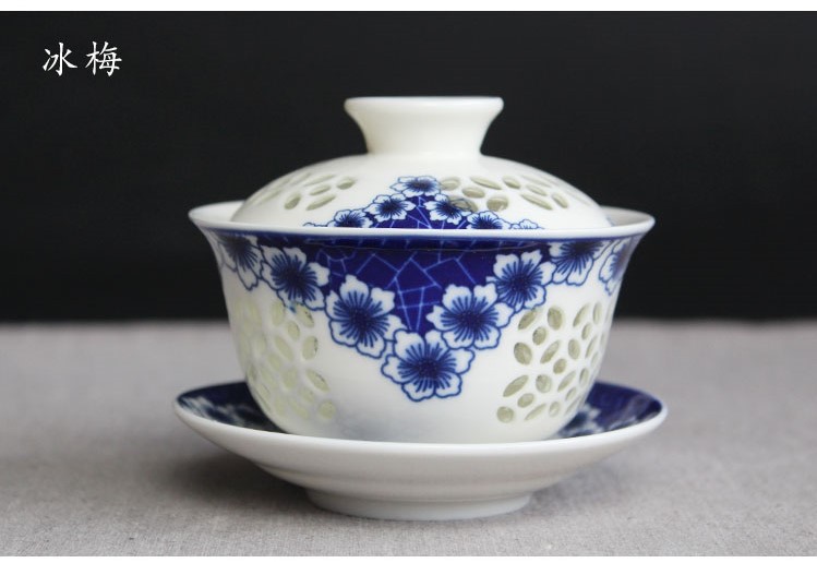 卡玻璃的瓷器茶具：14款手工青花镂空茶具盖碗