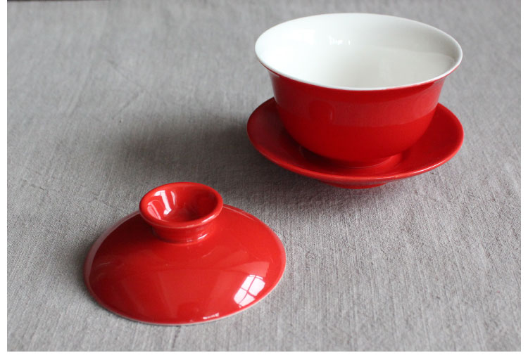 简约富贵红盖碗，中国风喜庆红釉陶瓷茶具