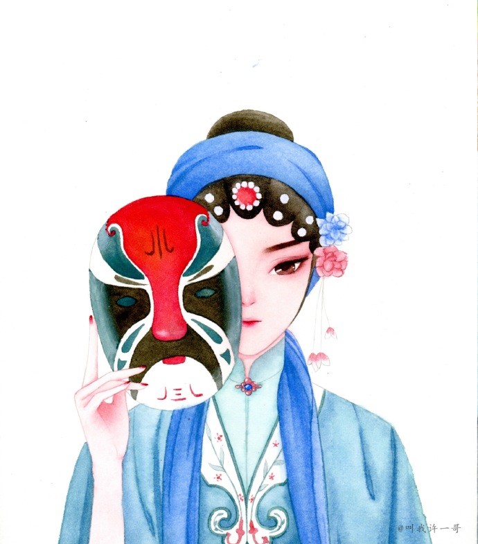 一组京剧花旦手绘水彩步骤图