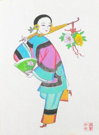 五款民间工艺年画，手绘仕女木版年画