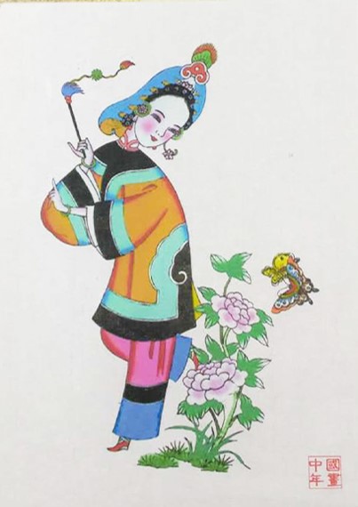 五款民间工艺年画，手绘仕女木版年画