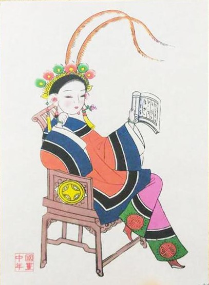 五款民间工艺年画，手绘仕女木版年画