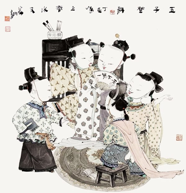 著名中国画家王家训的筒子嬉戏图