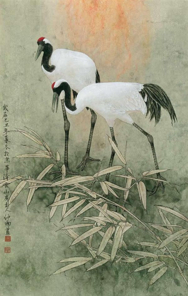 窦申清仙鹤工笔画国画作品欣赏