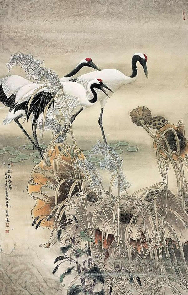 窦申清仙鹤工笔画国画作品欣赏