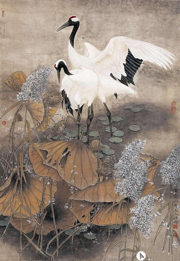 窦申清仙鹤工笔画国画作品欣赏