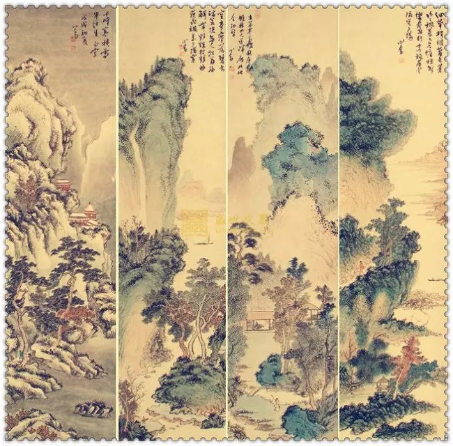 水墨四条屏山水花鸟国画欣赏（一）