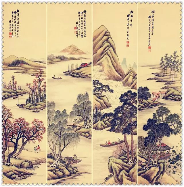 水墨四条屏山水花鸟国画欣赏（一）