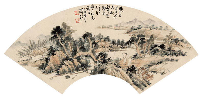 国画大师陈半丁山水扇面