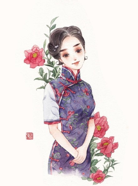 清新水彩旗袍女子插画，唯美的古风插画图集