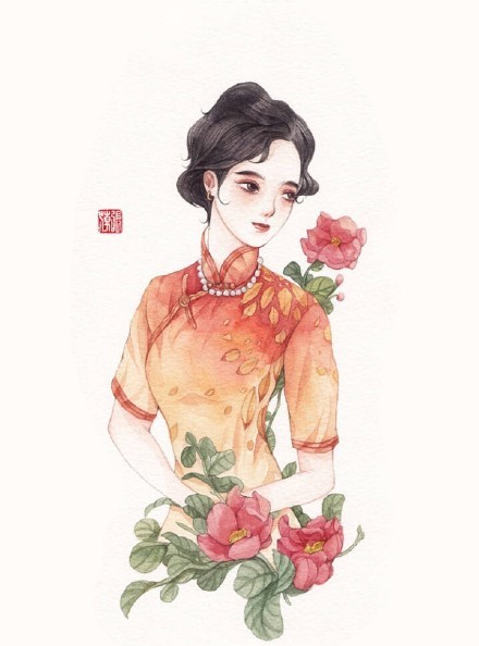 清新水彩旗袍女子插画，唯美的古风插画图集