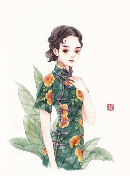 清新水彩旗袍女子插画，唯美的古风插画图集