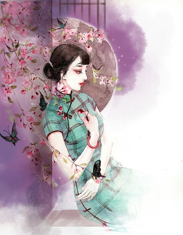 水彩旗袍女子图集，超美插画古风图片