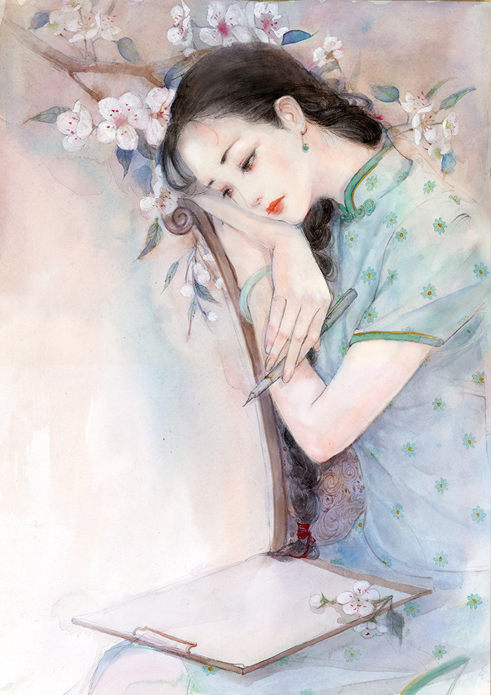 水彩旗袍女子图集，超美插画古风图片