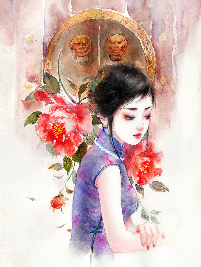 水彩旗袍女子图集，超美插画古风图片