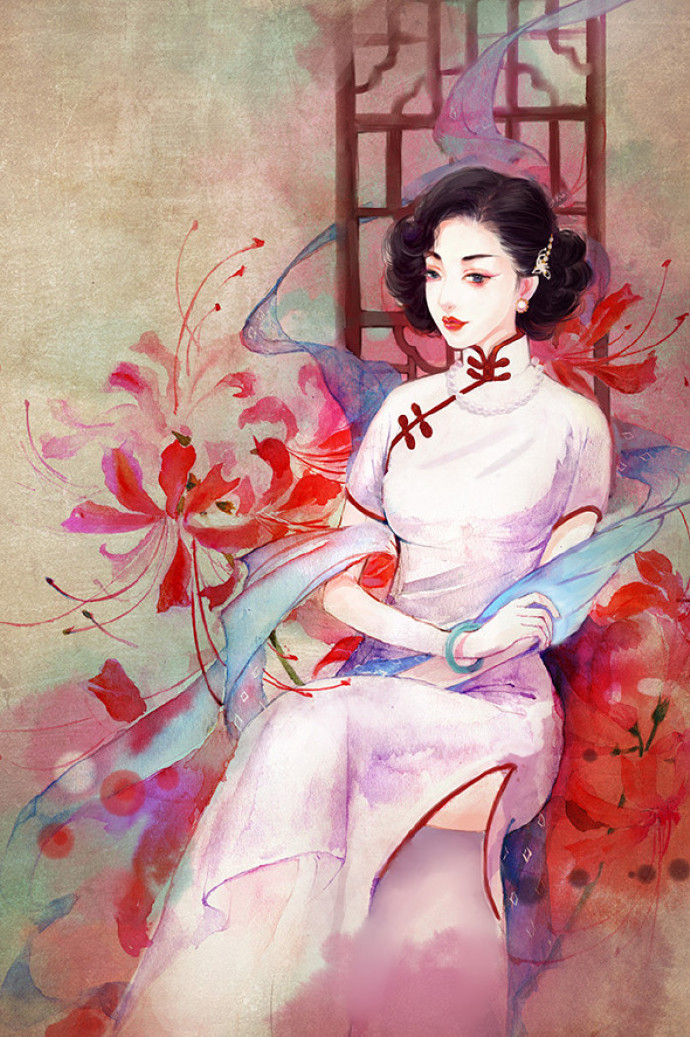 水彩旗袍女子图集，超美插画古风图片