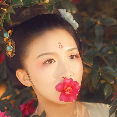 娇艳红花带团扇女生头像：唯美古风真人头像