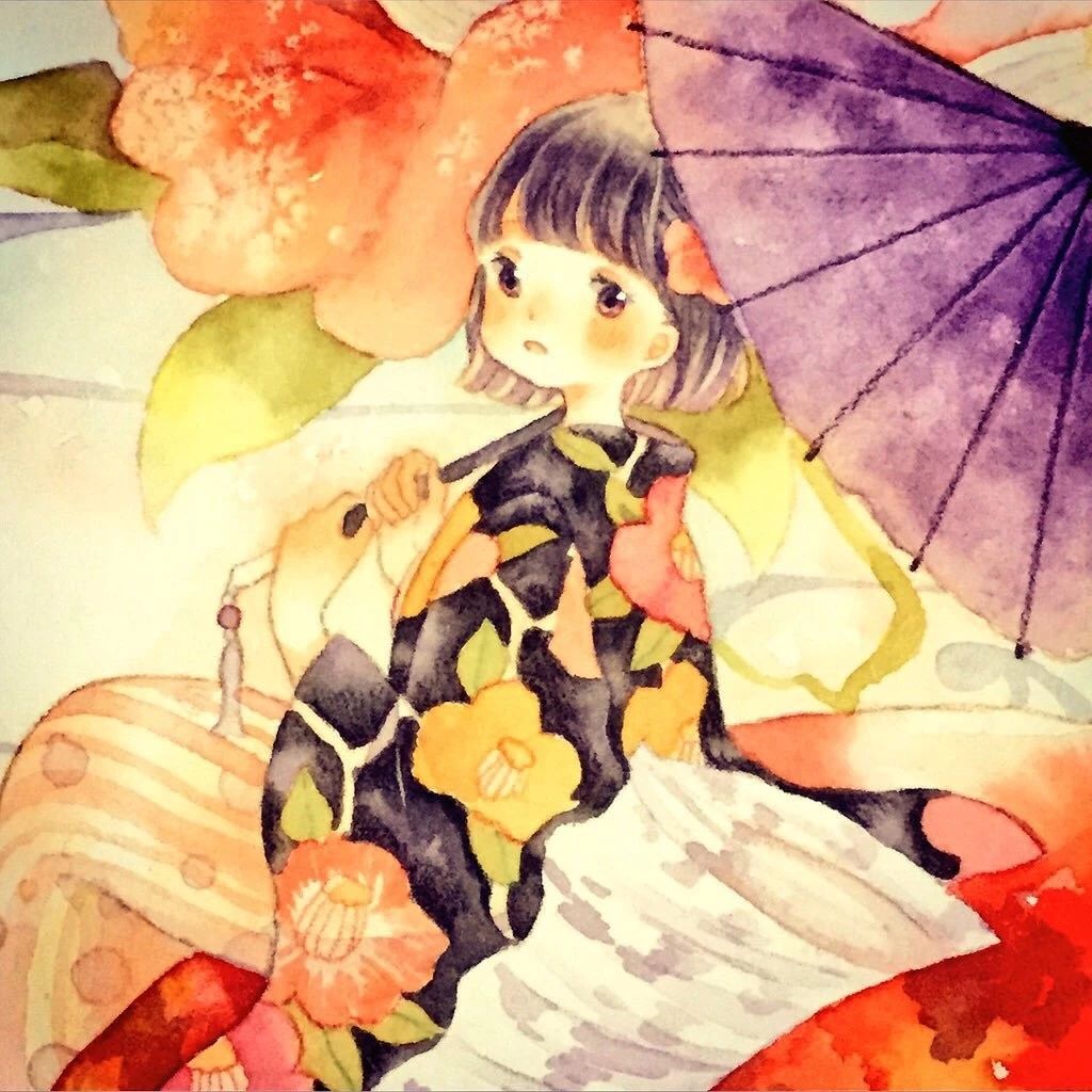 一组少女风的日系水彩插画：清新唯美萌妹纸