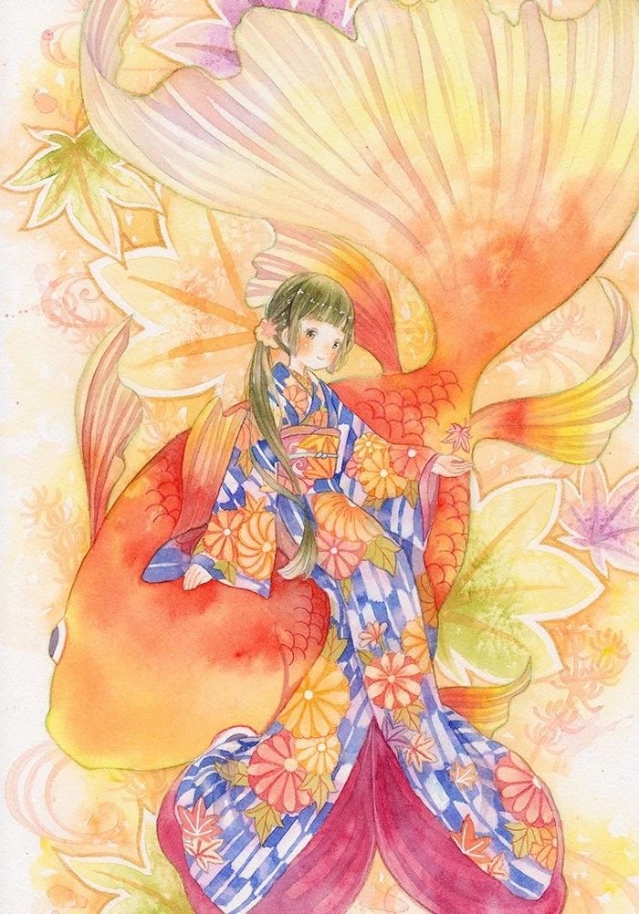 一组少女风的日系水彩插画：清新唯美萌妹纸