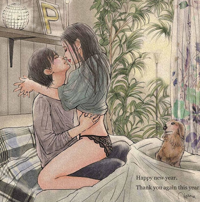 一组情侣情趣插画，充满诱惑的手绘插画
