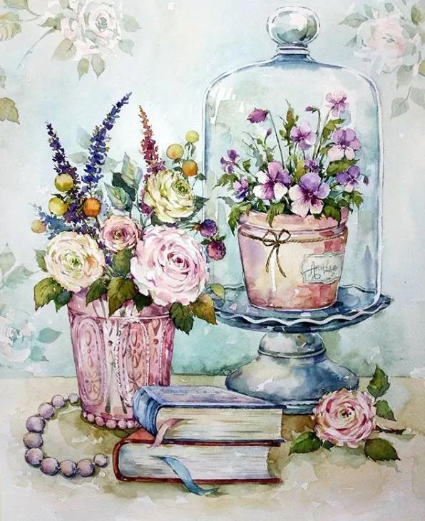 花团锦簇时尚水彩插画，唯美花卉插画图片