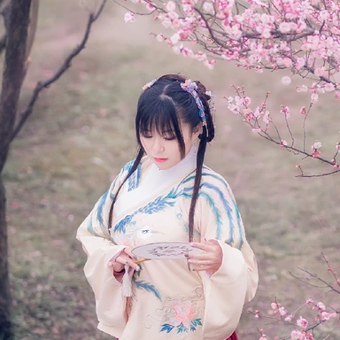 漫天桃花带折扇女生头像，唯美古风真人头像