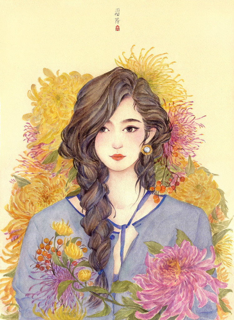 24节气水彩手绘插画，清新淡雅唯美女子插画