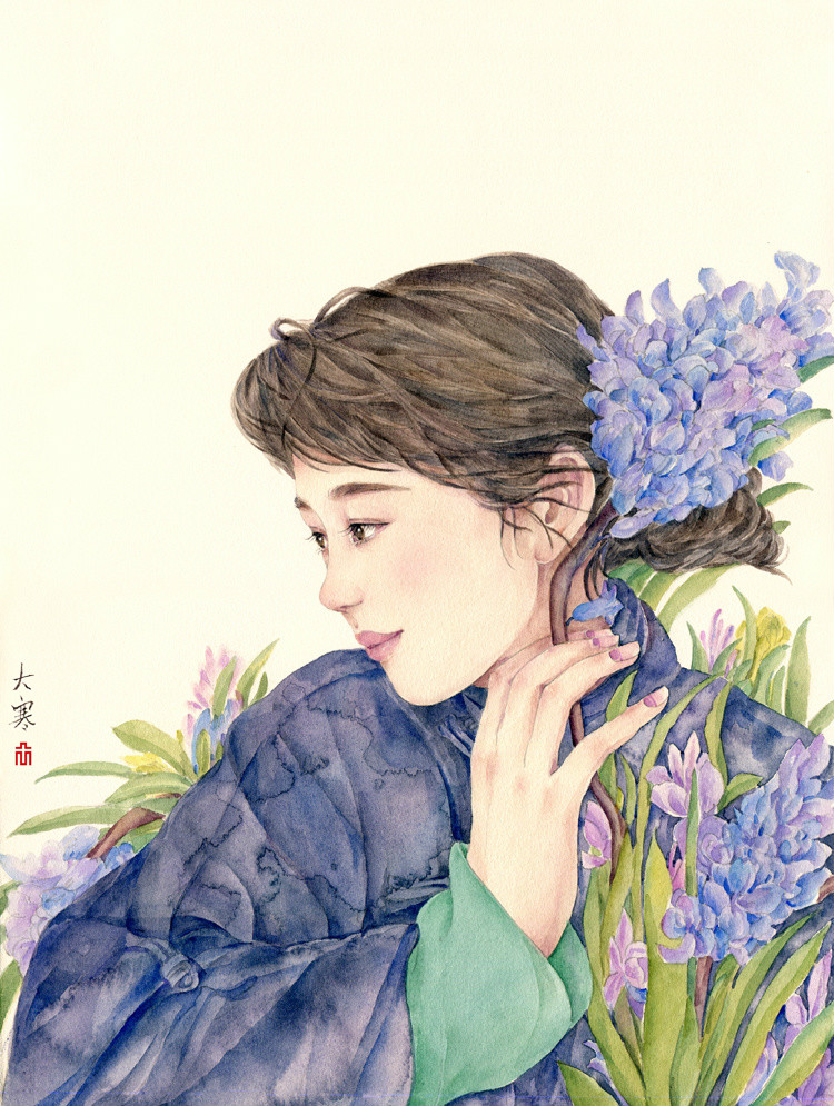 24节气水彩手绘插画，清新淡雅唯美女子插画