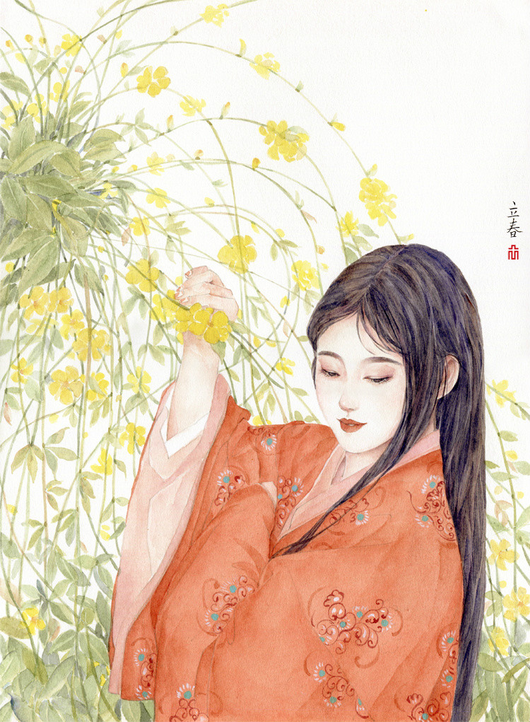 24节气水彩手绘插画，清新淡雅唯美女子插画