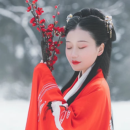 红梅白雪弹琴女生头像，唯美古风真人头像