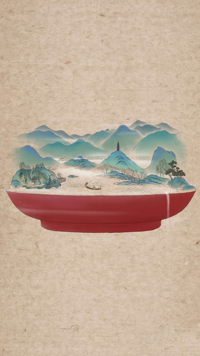 器具上的山河插画，中国风创意手绘插画