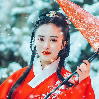 唯美古风真人头像：雪花带伞红衣女生头像