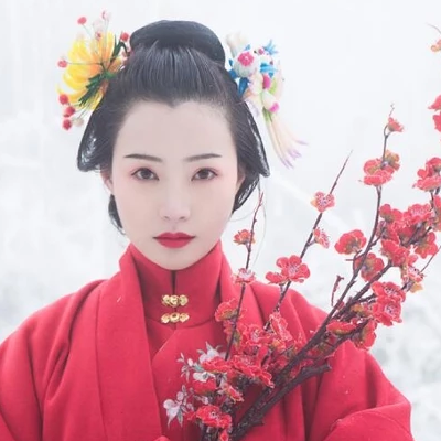 梅花雪红衣女生头像，唯美古风真人头像