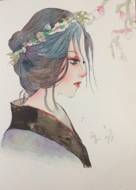 唯美手绘水彩少女人物插画