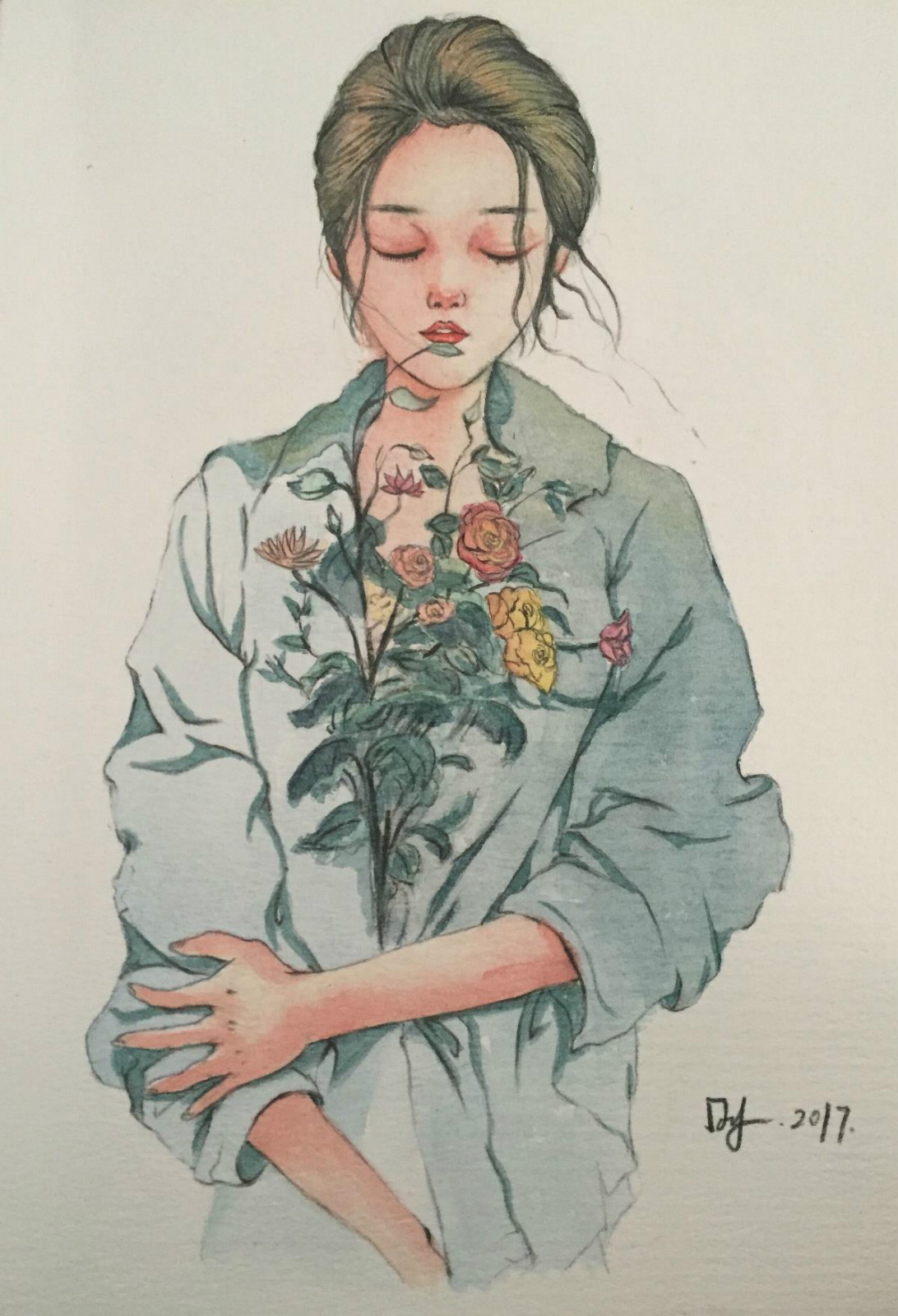 唯美手绘水彩少女人物插画